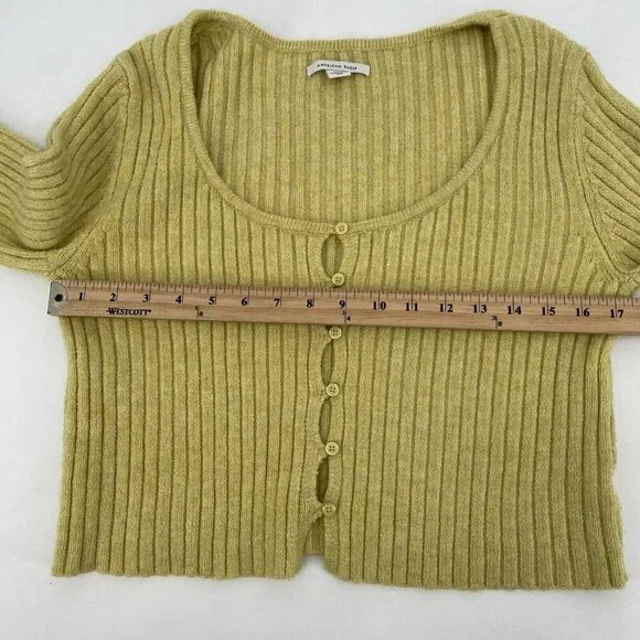 American Eagle Button-Front Cardigan Size Large Yellow Ribbed Cropped L - Picture 9 of 11